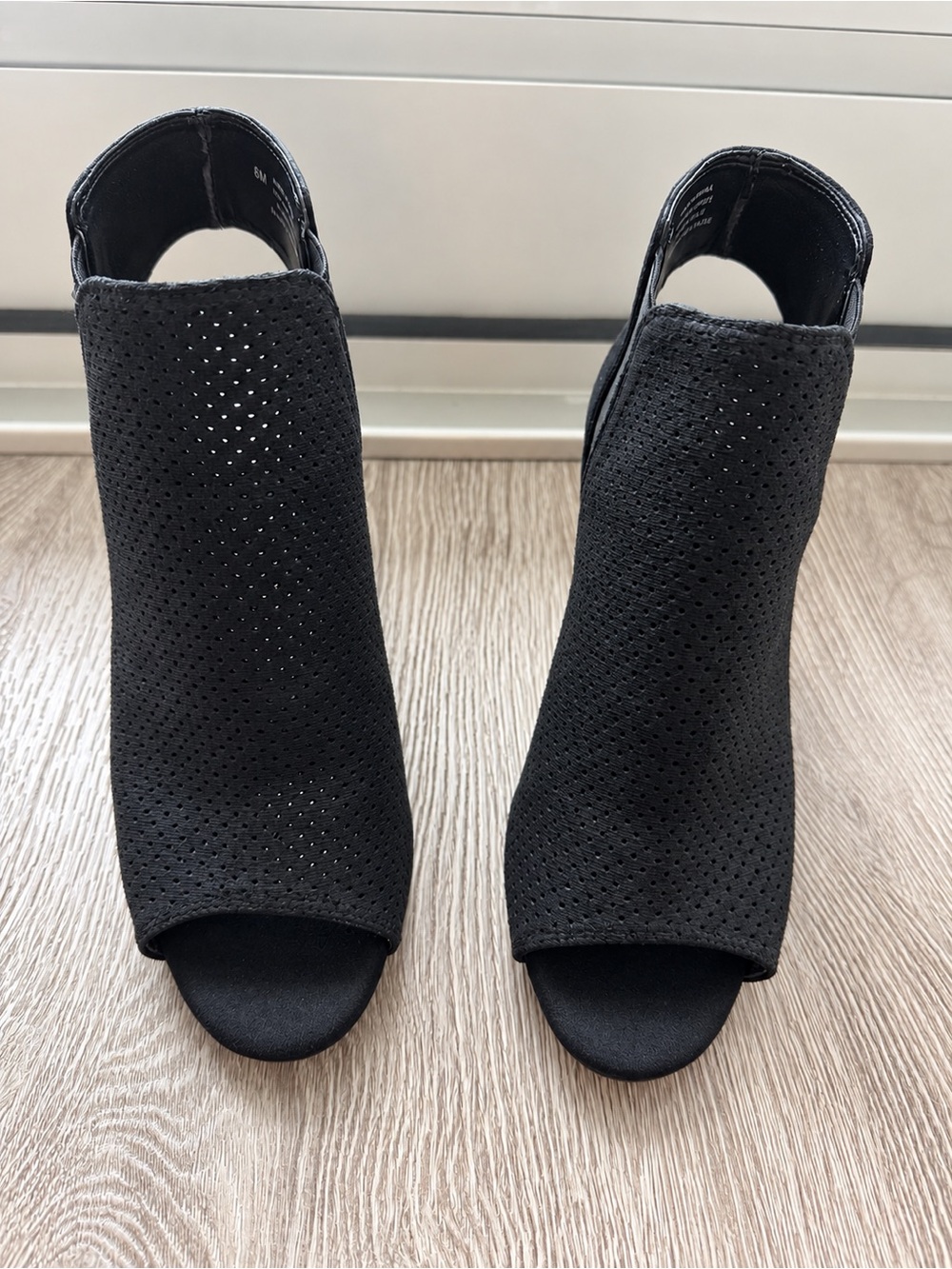 Black Perforated Peep-Toe Block Heel Booties – Size 8